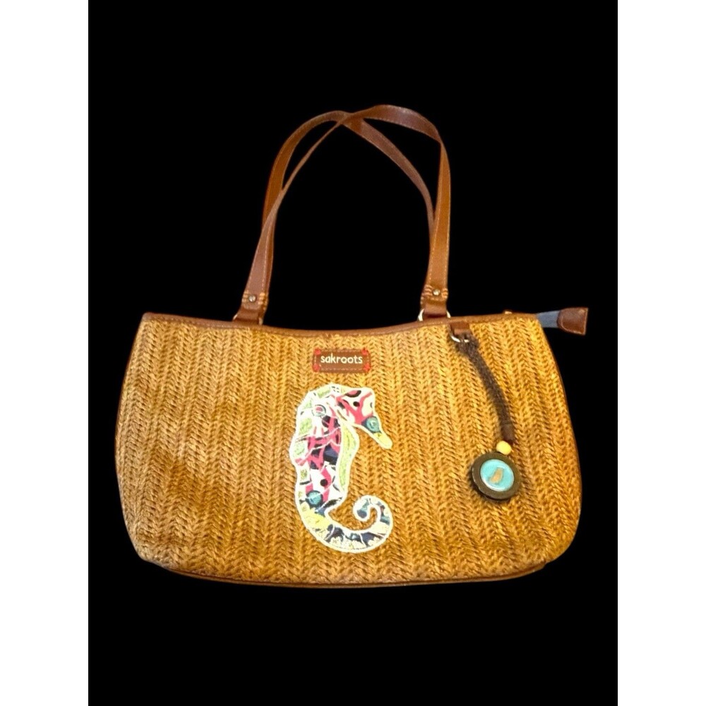 Sakroots Embroidered Seahorse Woven Straw Handbag With Charms Retired Beachy